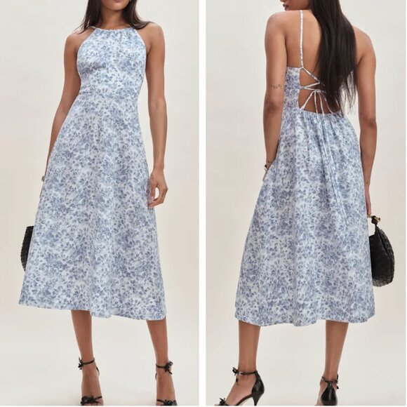 Reformation Dresses & Skirts - NEW Reformation Yuliy Linen Midi Dress Sz2 Chloe Blue Ivory Floral Wedding